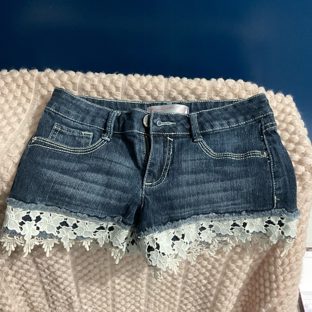 No Boundaries Blue Jean Shorts with White Lace